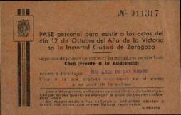 Pase personal n.º 011317 para los actos del 12 de octubre 1939 en Zaragoza