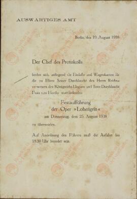 "Ministerio de Asuntos Exteriores. Opera Lohengrin. Berlín, 19 agosto 1938"