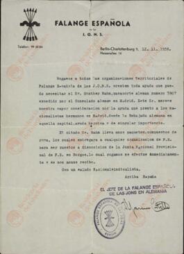 Falange Española de las Jons. Comunicado solicitando ayuda a Günther Rahn. Berlín, 12 Noviembre 1936