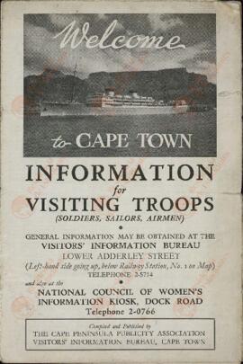 Folleto para tropas aliadas: "Bienvenido a Ciudad del Cabo", y recorte de prensa s/ el almirante Philip Vian. 28 mayo 1968