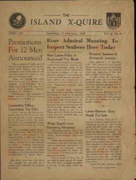 The Island X- Quire. Vol. 2, No. 9. "El Contraalmirante Manning inspeccionará hoy los Seabees" 17 febrero, 1945"