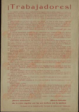 "¡Trabajadores!". Comité de la Confederación Nacional de Defensa del Trabajador Anarquista. ca. 1936
