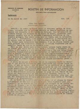 "Otra Vez Grecia". Boletín de información Nº156. Embajada Alemana en Madrid, 14 de Marzo de 1945.