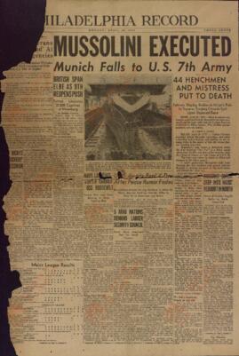 Philadelphia Record. 30 Abril 1945. "Mussolini ejecutado."