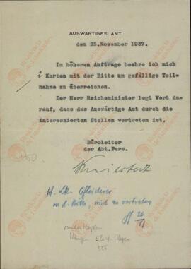 "Ministerio de Asuntos Exteriores. Invitación del 25 noviembre 1937"