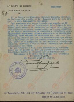 Instrucciones sobre los partes de información telefónicos. Villamayor, 3 marzo 1938 (Guerra Civil).