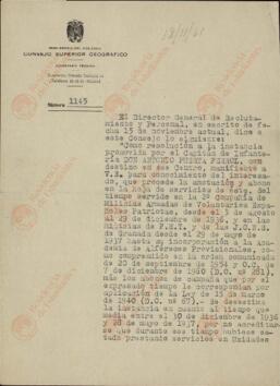 Cuartilla mecanografiada con antecedentes de Antonio Puerta Ferrol y membrete del Consejo Superior Geográfico. Madrid, 18 noviembre 1961