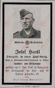 Esquela mortuoria de Josef Hartl. 2 enero 1945