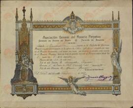 Patente de Admisión a la Asociación General del Rosario Perpetuo, a favor de Adela Izquierdo, emitida en Ferrol del Caudillo. Incluye la promesa de rezar determinado número de rosarios. Febrero 1947