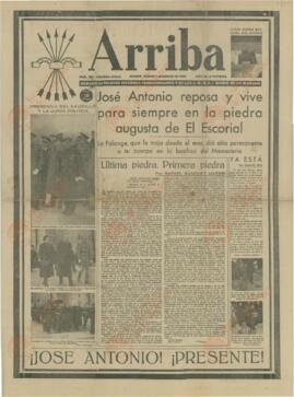 Arriba, Órgano de Falange Española Tradicionalista y de las JONS. "José Antonio Reposa y Vive para Siempre en la Piedra Augusta de El Escorial", 1 de Diciembre de 1939.