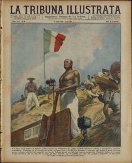 La Tribuna Illustrata. "El 4 de julio, en una granja de la Aprilia, el Duce comenzaba la trilla del grano". 17 de julio de 1938.