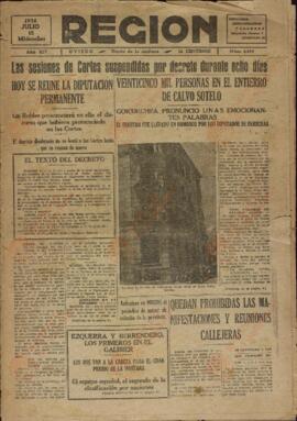 Región. "Las sesiones de Cortes suspendidas por decreto durante ocho días". Oviedo, miércoles 15 julio 1936.