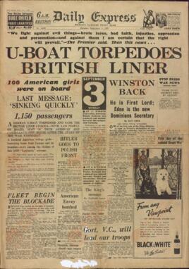 "Daily Express", 4 de Septiembre de 1939, "Submarino Torpedea un barco de línea británico".