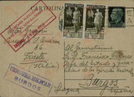 Colección Francisco Franco. Franco Bahamonde, Francisco. Tarjeta de pésame por la muerte de Ramón Franco. Trieste, 1 de noviembre de 1938. (Timbre de paso de la censura militar).