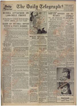 The Daily Telegraph, 23 Junio, 1941 (Operación Barbarossa). "Rusia atacada en un frente de 1800 millas"