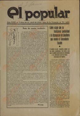 El Popular. "Cabra acoge, con su tradicional cordialidad a la Agrupación de Caballería que manda el Comandante Escofet". Cabra, 26 abril 1939