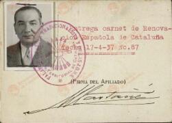 Castañé Lloret, Modesto. Carné provisional de F.E.T y de las J.O.N.S. Burgos, 14 abril 1938