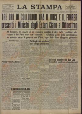 La Stampa. "Tres horas de conversación entre el Duce y el Fuhrer, con la presencia de los Ministros de Exteriores Ciano y Ribbentrop". Turín 5 octubre 1940