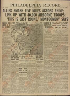 Philadelphia Record. "Los aliados avanzan 5 millas a lo largo del Rhin; Domingo 25 de Marzo de 1945