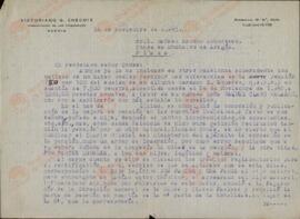 Vapor Uruguay. Sancho Contreras, Eduardo. Carta de Victoriano Gutiérrez Enecoiz (procurador), a Rafael Sancho Contreras, conde de Montalvo (hermano). Madrid 14 noviembre 1943
