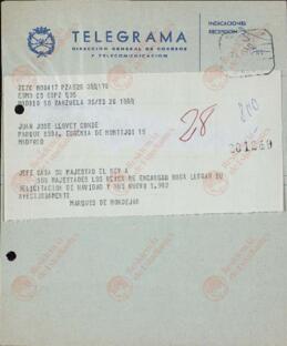 Nicolás Cotoner y Cotoner (1905-1996), XXIIº Marqués de Mondéjar. Felicitación de navidad, en nombre de S.S. M.M. los Reyes de España, a Juan José Llovet Conde. 26 diciembre 1981