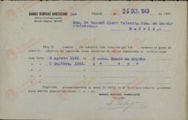Vapor Uruguay. Sancho Contreras, Eduardo. Notificación del Banco Hispano Americano a Raquel Claro Velasco (esposa) Madrid 25 octubre 1943