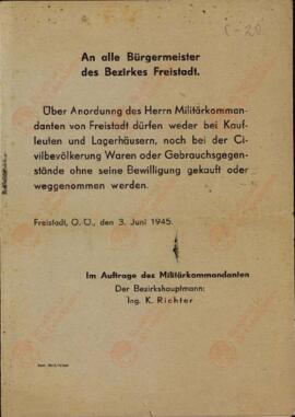 A todos los Alcaldes de los Distritos de Freistadt, 3 junio 1945