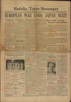 Madelia Times-Messenger. "Acaba la guerra europea; el siguiente, Japón"11 de Mayo de 1945