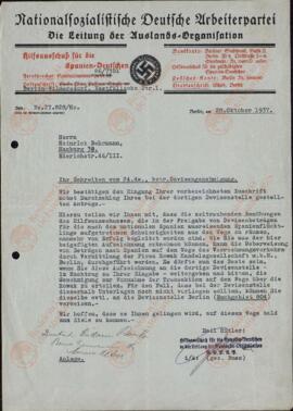 "Cartas de la organización extranjera del NDASP a Heinrich Behrmann: carta de Buss respecto a la aprobación de las divisas". 28 octubre 1937