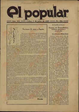 El Popular. N.º 990, "Franco, el Generalísimo, trabaja contento y satisfecho". Cabra, 7 julio 1937