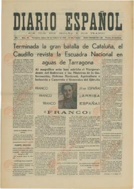 Diario español. "Terminada la gran batalla de Cataluña, el Caudillo revista la Escuadra Nacional en aguas de Tarragona", 23 febrero 1939