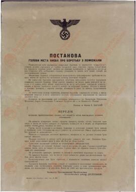 Pasquín publicado por los alemanes en Kiev. Postanova firmado por el jefe V. Bagazíi y el inspector Kalesnikiv.