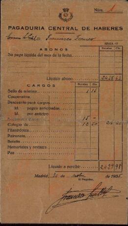Colección Francisco Franco. Franco Bahamonde, Francisco. Canarias. Nómina. 30 de noviembre de 1935 / 22 de febrero de 1936
