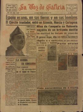 La Voz de Galicia. "España es una, en sus tierras y en sus hombres". 1 de abril de 1939.