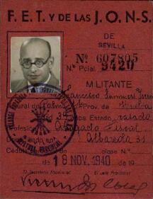 Summers Ysern, Francisco. Carné provisional FET y de las JONS, n.º 607805. Sevilla, 18 noviembre 1940