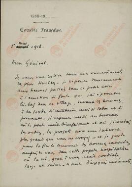 General Gamelin. "Carta desde la Comedia Francesa dirigida al General. 1 marzo 1918"